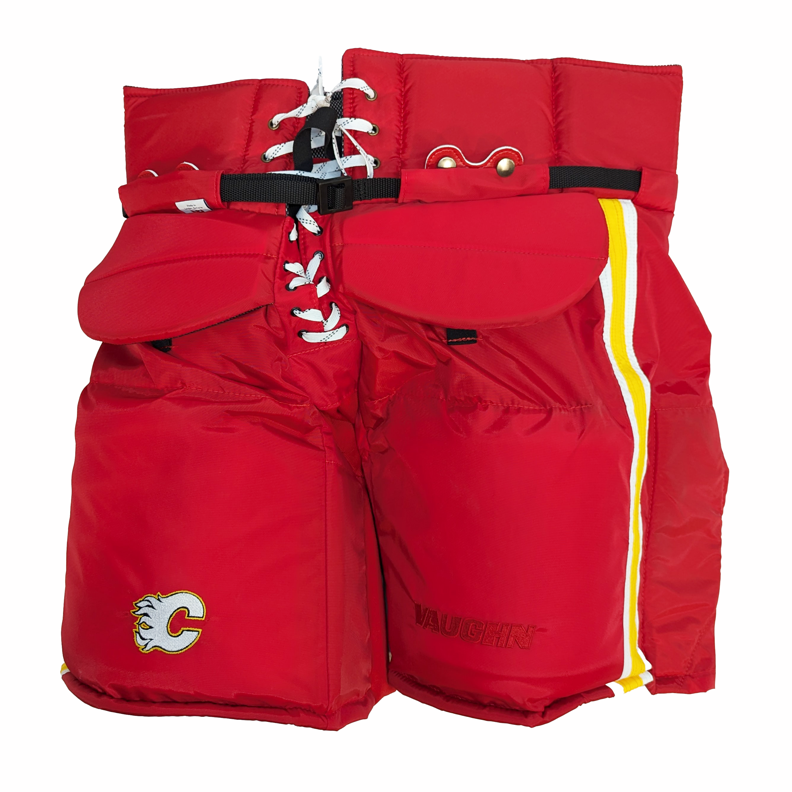Pantalon de gardien de but Vaughn Pro Custom - NHL Pro Stock - Flames de Calgary (rouge/jaune/blanc)